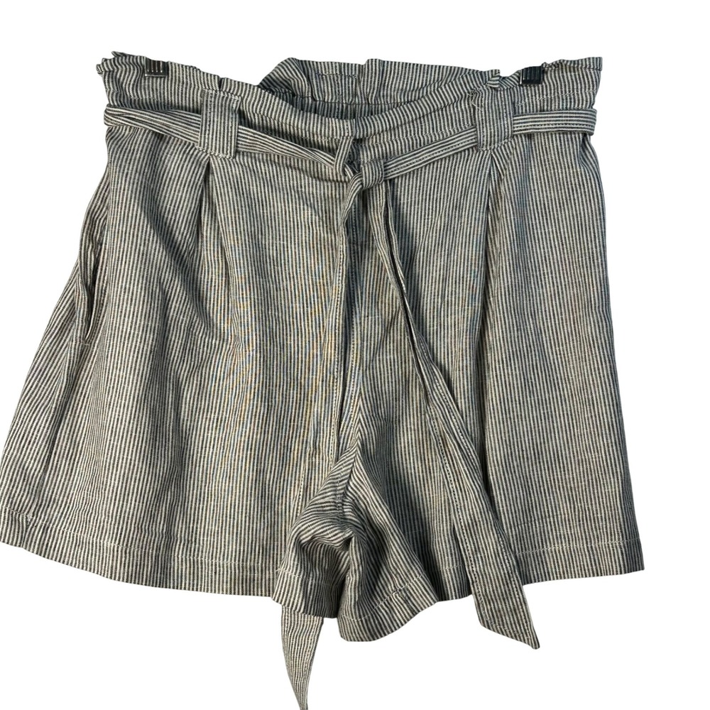 Max Studio Womens Striped Linen Blend Paperbag Waist Shorts Blue White Size M
